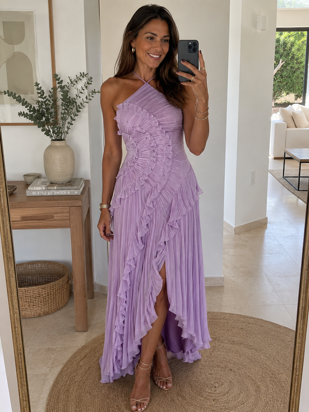 Clienta Oren Milano con vestido lavanda