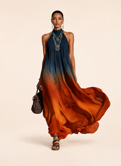 Sienna Éclipse| Vestido largo con cuello halter y escote en V degradado