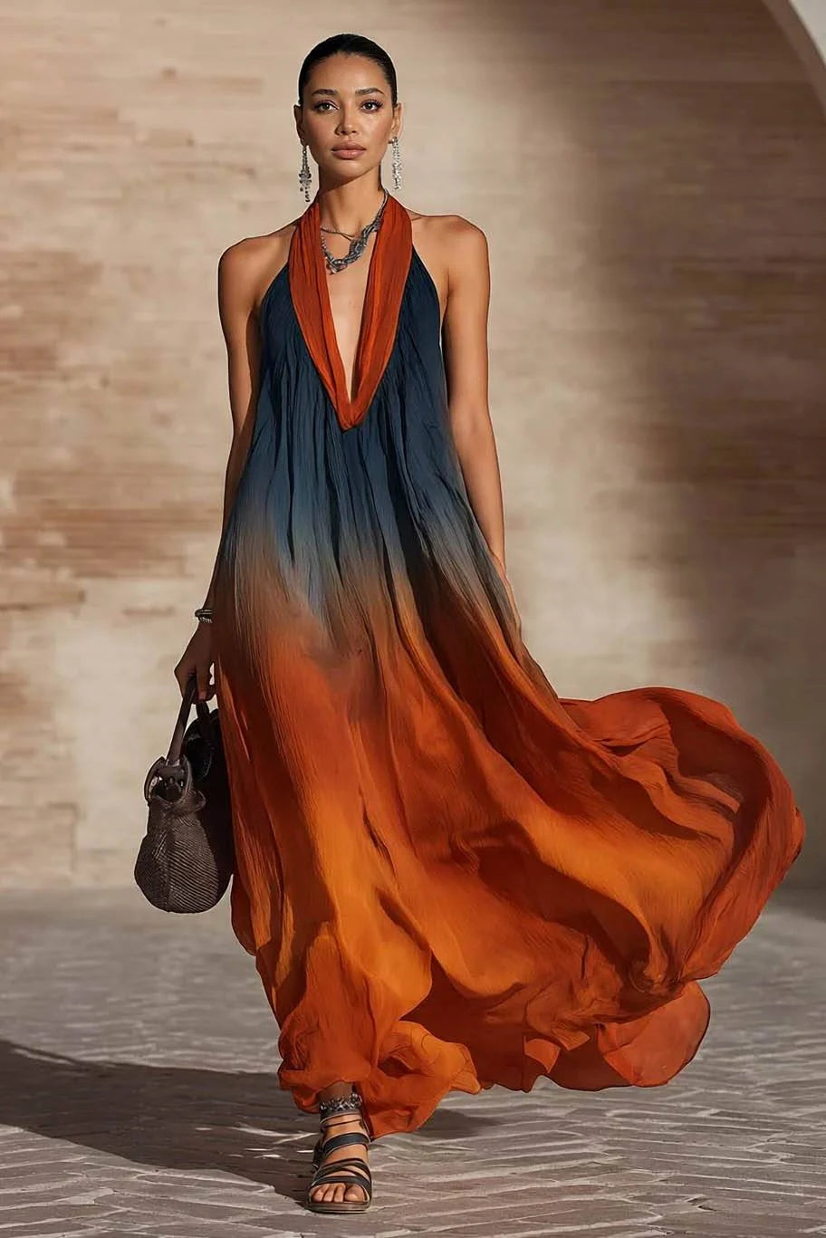 Sienna Éclipse| Vestido largo con cuello halter y escote en V degradado